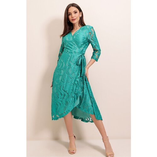 By Saygı Double-breasted Collar Lined, Wrapped Lace Dress Turquoise Slike
