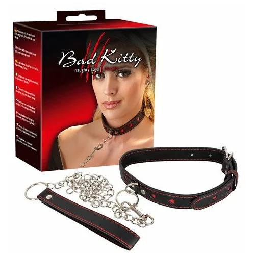 Bad Kitty - ogrlica u obliku srca sa metalnim povodcem (crno-crvena)