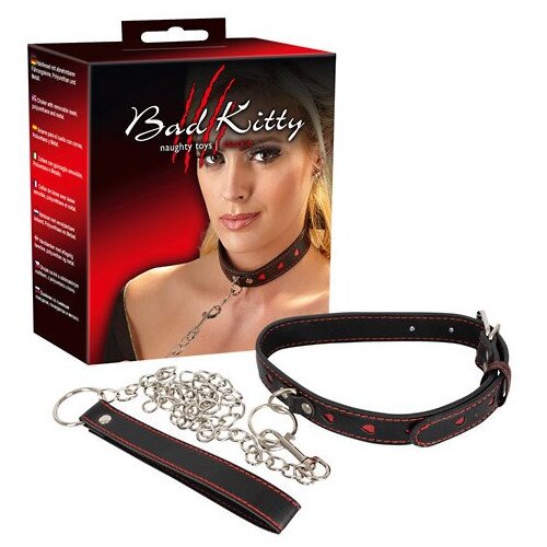 Bad Kitty - ogrlica u obliku srca sa metalnim povodcem (crno-crvena) Slike