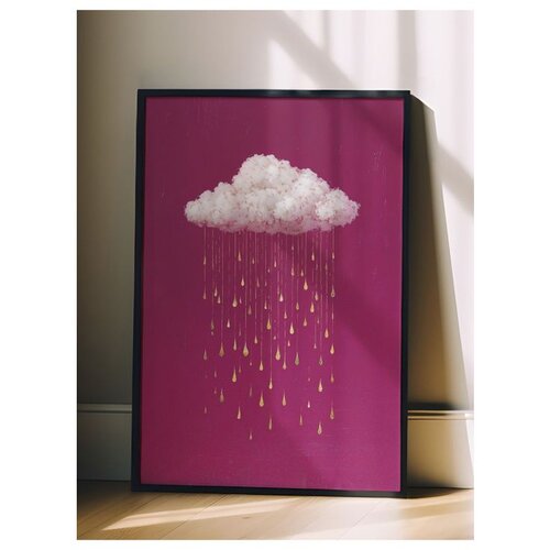 Wallxpert uramljena slika 115233, beli oblak sa zlatnim kapima ki&amp;scaron;e na ciklama pozadini, 50 x 70 cm, crni ram Slike