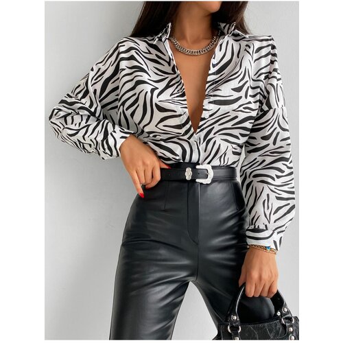 armonika Women's Black Zebra Pattern Oversize Long Basic Shirt Slike
