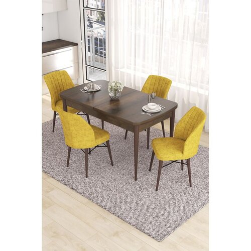 Hanah home trpezarijski set Eva, sto na razvlačenje i 4 stolice, ploča u dekoru drveta Baroque, senf žuta tkanina Babyface Cene