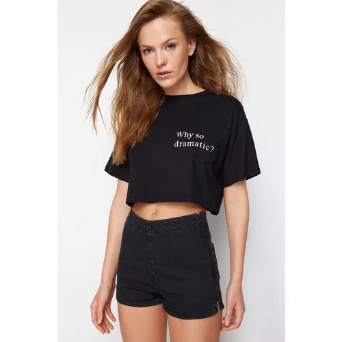 Trendyol Black 100% Cotton Motto Printed Pocket Relaxed Crop Knitted T-Shirt