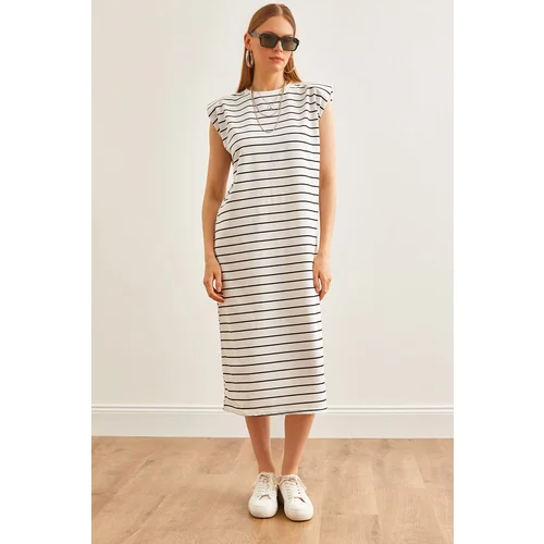 Olalook Women's White Padded Striped Midi Dress