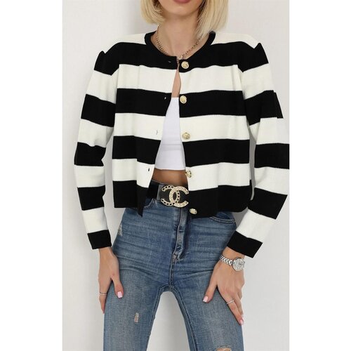 Dewberry 74390 Crew Neck Striped Crop Cardigan-BLACK Cene