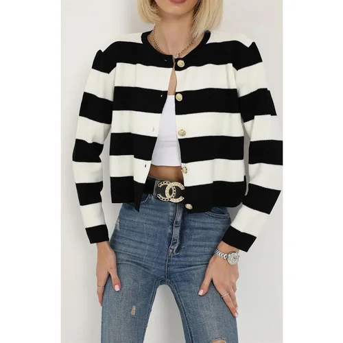 Dewberry 74390 Crew Neck Striped Crop Cardigan-BLACK