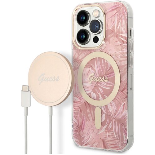 Guess Komplet ohi&amp;scaron;ja za iPhone 14 Pro Jungle Design in brezžični polnilnik Qi MagSafe 15W, Roza, (21731054) Slike