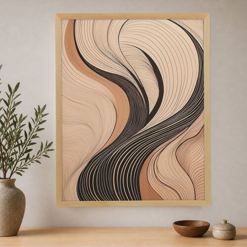 Wallxpert uramljena slika na platnu Cc-D-Ah-1012, apstraktni talasi linija u bež, braon i crnoj boji, 45 x 60 cm Cene