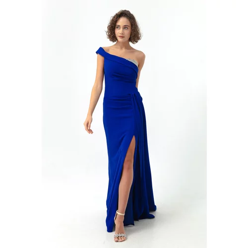 Lafaba Women's Sax One-Shoulder Long Evening Dress with Stones.