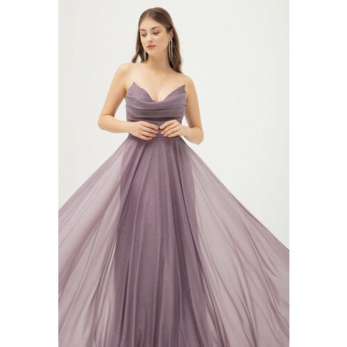 Lafaba Women's Lavender Chest Draped Slit Flared Silvery Evening Dress Slike