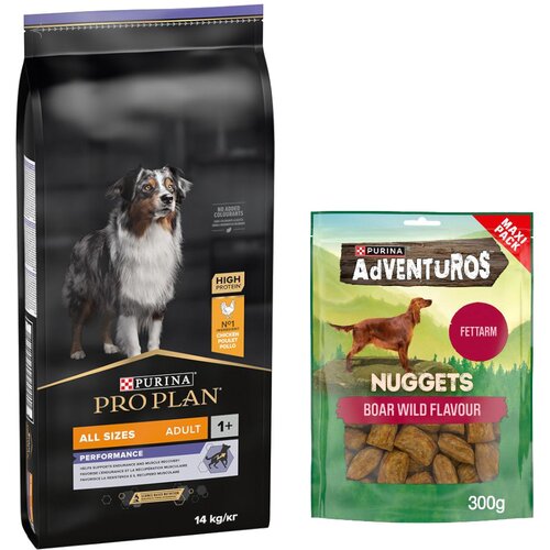 Pro Plan PURINA suha pasja hrana 14 kg + Adventuros Nuggets pribolj&amp;scaron;ki 300 g gratis! - All Size Adult Performance Slike