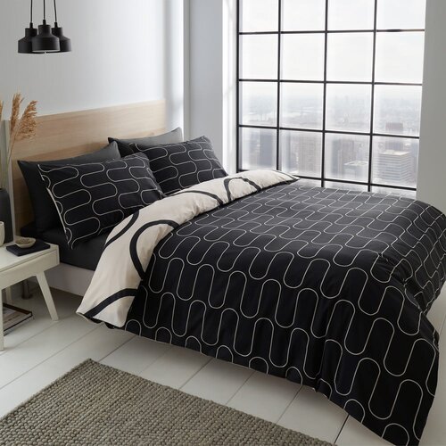 Catherine Lansfield Crna/bež posteljina za bračni krevet/za produženi krevet 230x220 cm Linear Curve &amp;ndash; Slike
