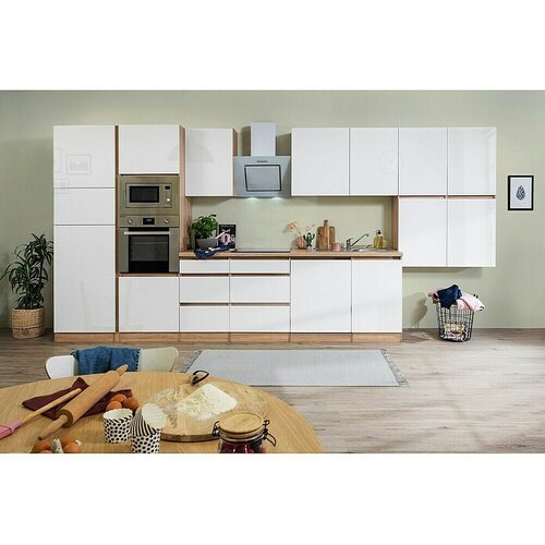 Respekta Premium Kuhinjski komplet Lorena (&Scaron;irina: 445 cm, Bijele boje, Visokog sjaja, Dekoracija radne ploče: Izgled drva, S električnim uređajima) Cijene