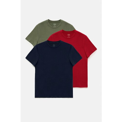 Avva Men's Khaki Burgundy Navy 3-Pack 100% Cotton Crew Neck Standard Fit Regular Cut T-shirt Slike