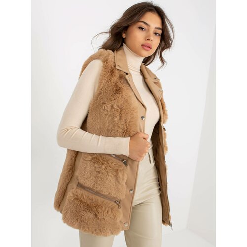Fashion Hunters Women's camel vest made of eco leather with fur Slike