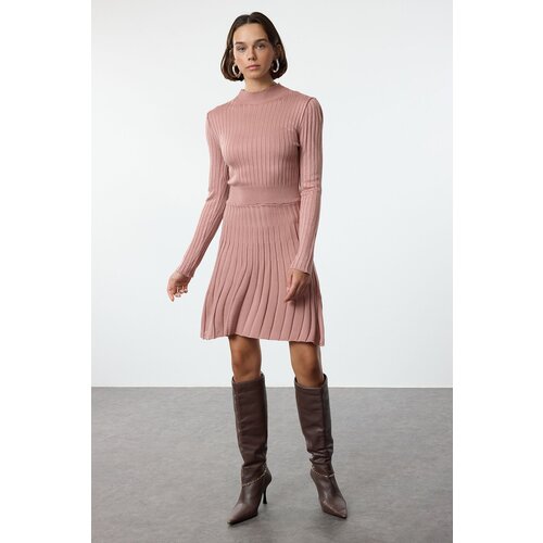 Trendyol Dusty Rose Mini Knitwear Frilled Stand Collar Dress Cene