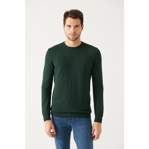 Avva Men's Green Crew Neck Knit Detailed Cotton Standard Fit Regular Cut Knitwear Sweater