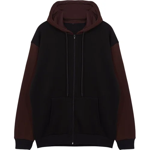 Trendyol Black Oversize/Wide Cut Hooded Color Blocked Zippered Cardigan/Sweatshirt with Fleece Inside