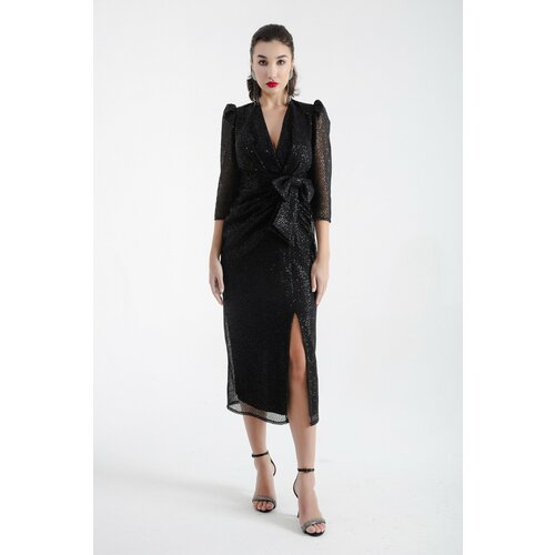 Lafaba Women's Black Double Breasted Neck Slit Midi Evening Dress Slike