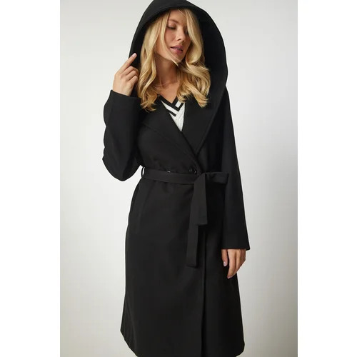  Women's Black Hooded Belted Stamped Coat