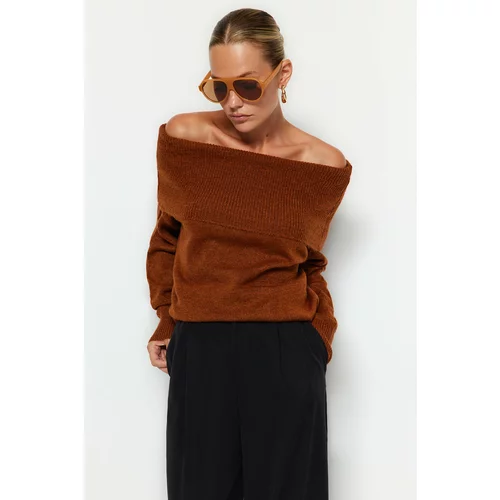 Trendyol Brown Soft-Textured Carmen Collar Knitwear Sweater