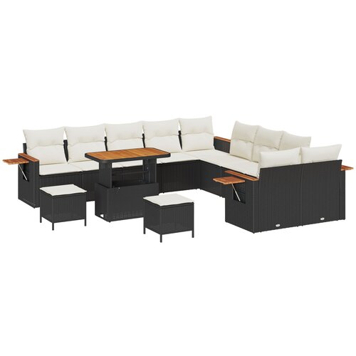 VidaXL 13-dijelni set vrtnih sofa s jastučićima Crni Poli Ratan Akacija, 3-dijelni set vrtne blagovaonice s jastučićima Crni Poli Ratan Akacija Slike