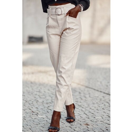 Fasardi Elegant eco-leather pants in light beige Cene