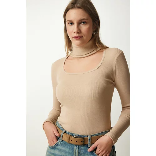 Happiness İstanbul Women's Cream Cut Out Detailed Turtleneck Ribbed Knitted Blouse