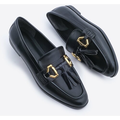 Marjin Women's Loafer Tasseled Buckle Casual Shoes Satrus Black Slike