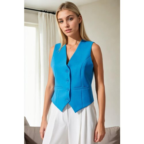 Dewberry 10202 Crop Woven Women Vest-BLUE Slike