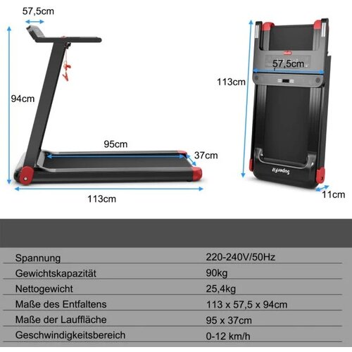  Zložljiva tekalna steza za dom z aplikacijo Bluetooth (zvočnik), do 90 kg, črno-rdeče barve Slike
