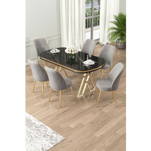 Hanah home Lai - Black Marble, Gold, Grey Black MarbleGoldGrey Dining Table & Chairs Set (7 Pieces) Cene