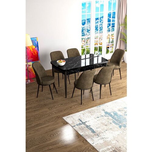 Hanah home Han - Black Marble, Brown Black MarbleBrown Extendable Dining Table & Chairs Set (7 Pieces) Cene
