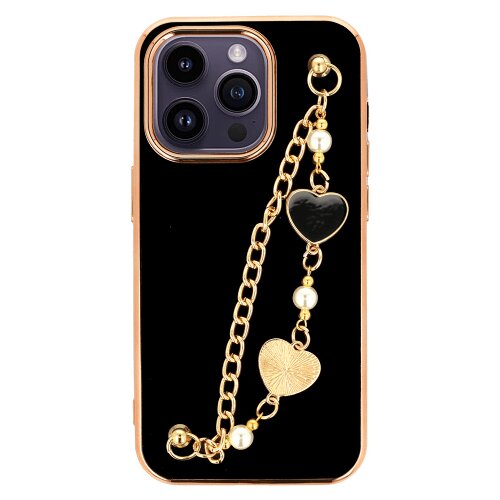Onasi trendy silikonski ovitek z zapestnico za iPhone 13 6.1 - črn s srčki Slike