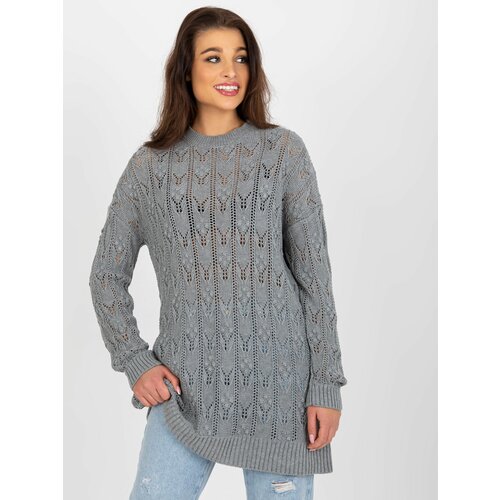 Fashion Hunters Gray openwork knitted dress with long sleeves Slike