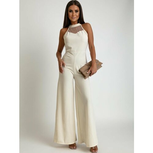 Fasardi Cream jumpsuit with wide legs and stand-up collar Slike