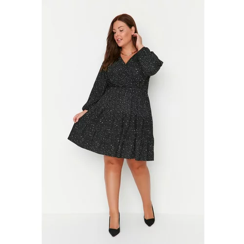 Trendyol Curve Black Double Breasted Collar Patterned Knitted Dress