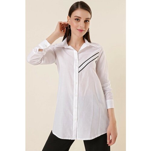 By Saygı White Tunic Shirt with Bias Stripes on One Side Cene