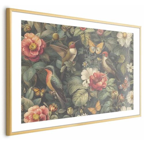  Plakat Flowers Birds and Butterflies - vintage-style illustration 60x40 Zlatni okvir s margom Cene