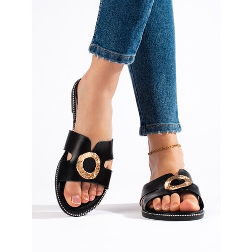 Shelvt Women&amp;#039;s black flat flip flops Slike
