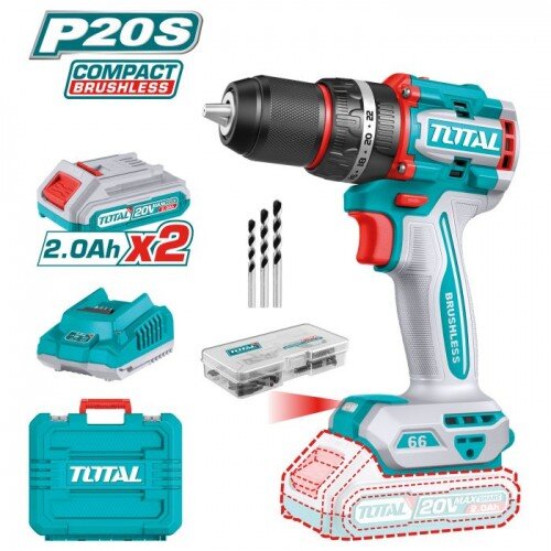 TOTAL TOOLS Kompaktni brezkrtačni akumulatorski vrtalnik 2000prm/66Nm/P20S/ INDUSTRIAL (SET Baterija 2x2Ah, Polnilec, Kovček) (TIDLI20668E) Cene