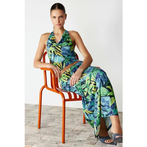 Trendyol Green Floral Printed Fitted/Fitted Degaje Collar Flexible Knitted Bottom-Top Suit
