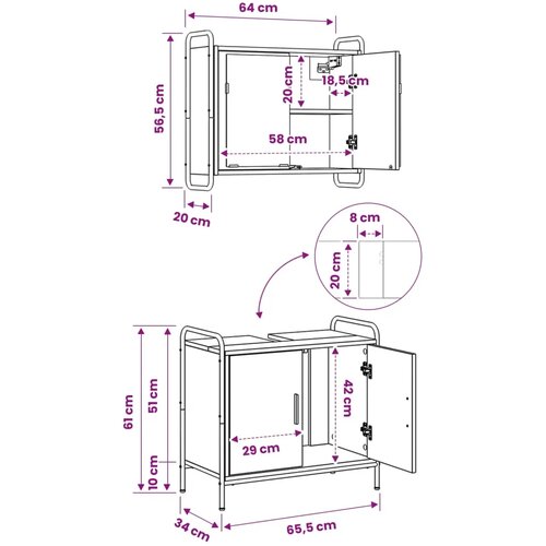  Set ormarića za kupaonicu 2 kom. Siva Sonoma 65 5 x 34 x 61 cm - Siva Sonoma Ormar s umivaonikom (2 vrata) + viseći ormar Slike
