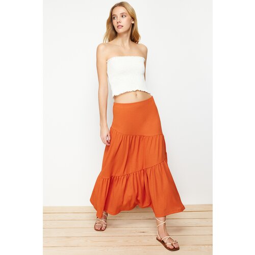 Trendyol Cinnamon Wrinkled/Textured Flared Maxi Gathered Flexible Knitted Skirt Slike