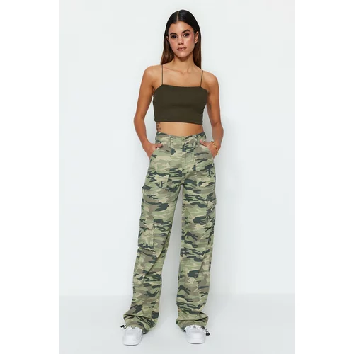 Trendyol Multicolored Ribstop Camouflage Print High Waist Wide Leg Jeans with Cargo Pocket