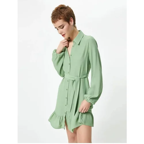  Shirt Dress Mini Length Long Sleeve Ruffle Detailed Belt Detailed