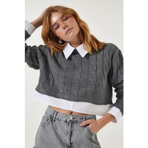  Women&amp;#039;s Light Gray Shirt Detailed Seasonal Crop Knitwear Sweater Slike