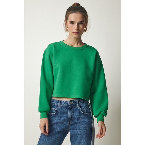  Women&amp;#039;s Green Crew Neck Raised Crop Knitted Sweatshirt Slike