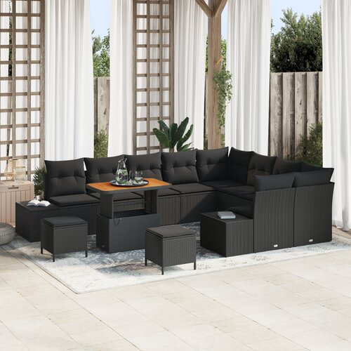 VidaXL 12-dijelni vrtni set sofa s jastučićima crne boje poliratana, 3-dijelni vrtni set za objedovanje s jastučićima crne boje poliratana, dvosedna vrtna sofa s jastučićima crne boje poliratana Slike