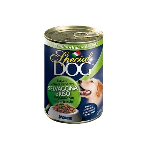 Monge Special Dog divljač i pirinač, komadići hrane za pse u konzervi 400g Slike